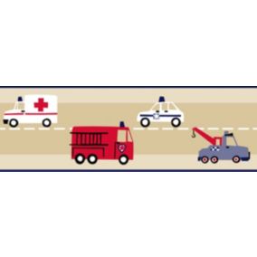 ESTAhome frise papier peint camions de pompiers et voitures de police beige, rouge et bleu - 17,06 cm x 5 m - 177305