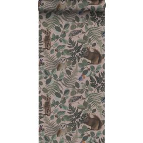 ESTAhome papier peint animaux de la forêt vieux rose, vert et marron - 0,53 x 10,05 m - 139252