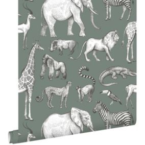 ESTAhome papier peint animaux de la jungle vert grisé - 53 cm x 10,05 m - 139513