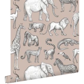 ESTAhome papier peint animaux de la jungle vieux rose et gris - 0,53 x 10,05 m - 139271