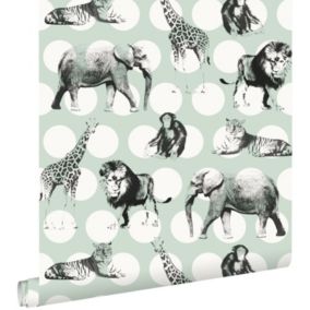 ESTAhome papier peint animaux sur gros points vert menthe et noir - 53 cm x 10,05 m - 128713