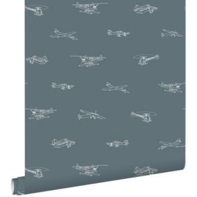 ESTAhome papier peint avions et hélicoptères bleu gris - 53 cm x 10,05 m - 139509