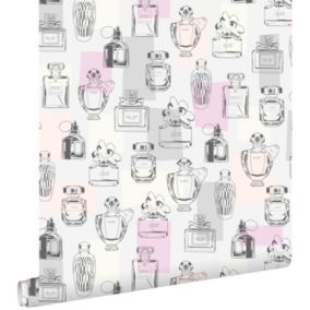 ESTAhome papier peint bouteilles de parfum lilas violet, rose pêche clair, gris et blanc - 0,53 x 10,05 m - 138856