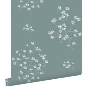 ESTAhome papier peint branches de fleurs vert pétrole - 0,53 x 10,05 m - 148736