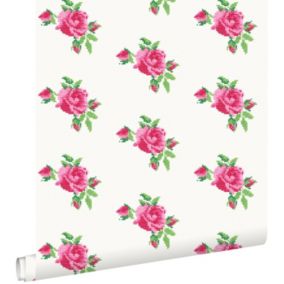 ESTAhome papier peint broderie de petites roses rose et vert - 53 cm x 10,05 m - 138144