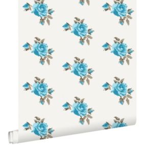 ESTAhome papier peint broderie de petites roses turquoise - 53 cm x 10,05 m - 138146