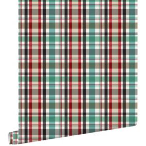 ESTAhome papier peint à carreaux rouge, vert et marron - 53 cm x 10,05 m - 138817