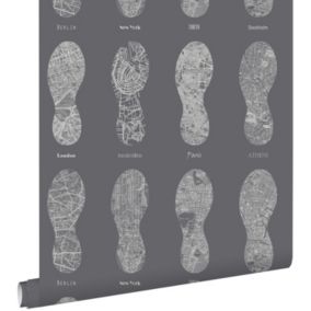 ESTAhome papier peint cartes de villes en empreintes de chaussures de running gris foncé - 53 cm x 10,05 m - 128820