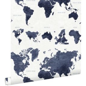 ESTAhome papier peint cartes du monde bleu foncé - 0,53 x 10,05 m - 138972