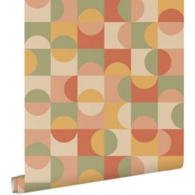 ESTAhome papier peint cercles de style Bauhaus terracotta, jaune, vert et beige - 50 x 900 cm - 130941