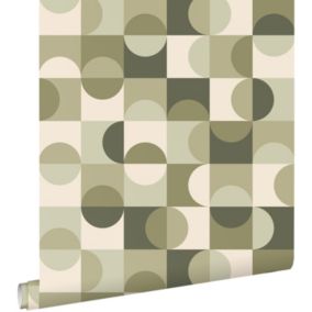 ESTAhome papier peint cercles de style Bauhaus vert grisé et beige - 50 x 900 cm - 130940