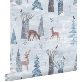 ESTAhome papier peint cerfs et lapins dans la neige bleu - 50 x 900 cm - 139583