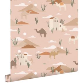 ESTAhome papier peint chameaux et cactus rose terracotta - 50 x 900 cm - 139703