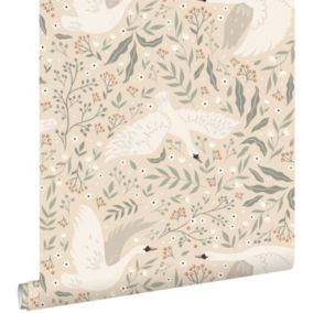 ESTAhome papier peint cygnes beige, blanc et vert grisé - 0.53 x 10.05 m - 139797