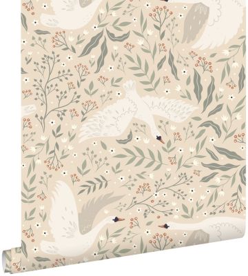 ESTAhome papier peint cygnes beige, blanc et vert grisé 53 cm x 10.05 m