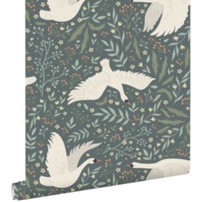 ESTAhome papier peint cygnes bleu gris et blanc - 0.53 x 10.05 m - 139798