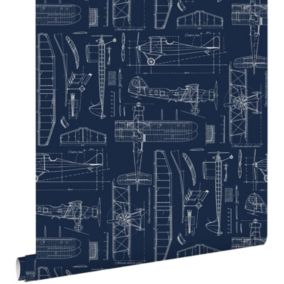 ESTAhome papier peint dessins de construction d'avions bleu foncé - 53 cm x 10,05 m - 128810