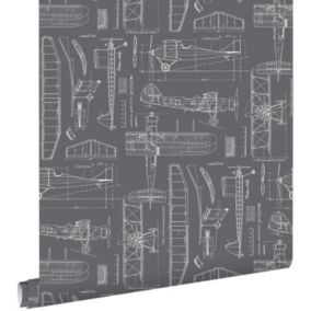 ESTAhome papier peint dessins de construction d'avions gris foncé - 53 cm x 10,05 m - 128813