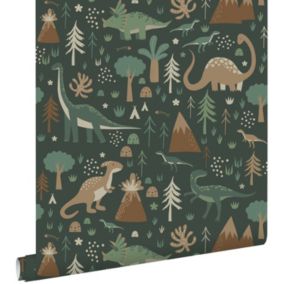 ESTAhome papier peint dinosaures vert foncé et marron - 50 x 900 cm - 139802