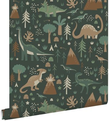 ESTAhome papier peint dinosaures vert foncé et marron 53 cm x 10.05 m