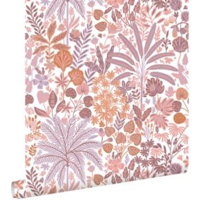 ESTAhome papier peint feuilles et fleurs tropicales lilas violet, terracotta et rose - 50 x 900 cm - 130944