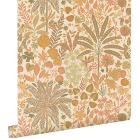 ESTAhome papier peint feuilles et fleurs tropicales orange et vert olive grisé - 0.53 x 10.05 m - 130943