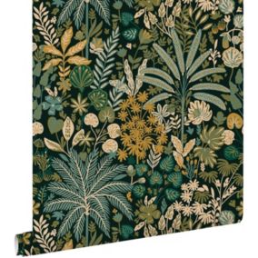 ESTAhome papier peint feuilles et fleurs tropicales vert, bleu, jaune moutarde et beige - 50 x 900 cm - 130947