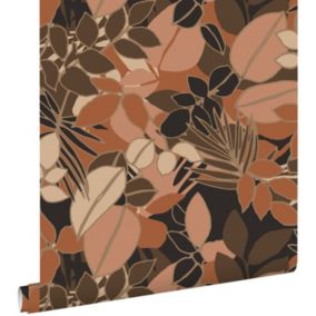 ESTAhome papier peint feuilles rose terracotta, marron et noir - 50 x 900 cm - 139850