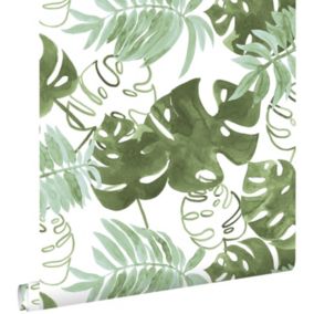 ESTAhome papier peint feuilles tropicales de jungle peintes vert olive grisé - 53 cm x 10,05 m - 138888