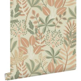 ESTAhome papier peint feuilles vert et rose terracotta - 50 x 900 cm - 139680