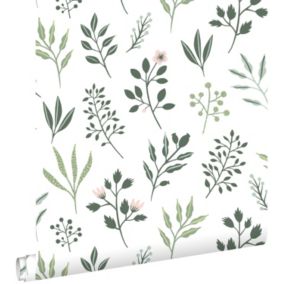 ESTAhome papier peint fleurs au style scandinave blanc et vert grisé - 0,53 x 10,05 m - 139080