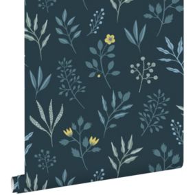 ESTAhome papier peint fleurs au style scandinave bleu foncé et jaune ocre - 0,53 x 10,05 m - 139082