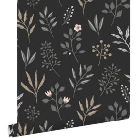 ESTAhome papier peint fleurs au style scandinave noir - 0,53 x 10,05 m - 139083