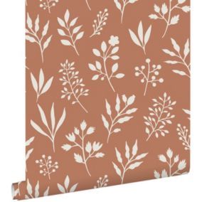 ESTAhome papier peint fleurs au style scandinave terracotta et blanc - 0,53 x 10,05 m - 139319