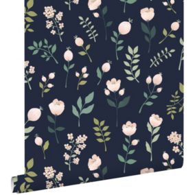 ESTAhome papier peint fleurs bleu foncé, rose et vert - 0,53 x 10,05 m - 139341