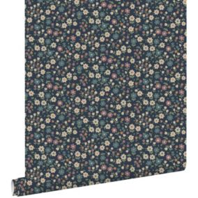 ESTAhome papier peint fleurs bleu foncé, rose lilas et vert grisé - 0.53 x 10.05 m - 139471