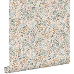 ESTAhome papier peint fleurs bleu grisâtre, rose terracotta et vert - 0.53 x 10.05 m - 139837