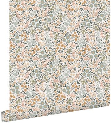 ESTAhome papier peint fleurs bleu grisâtre, rose terracotta et vert 53 cm x 10.05 m
