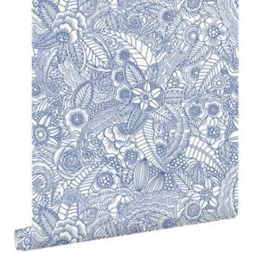 ESTAhome papier peint fleurs bleu sur blanc - 53 cm x 10,05 m - 148615