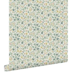 ESTAhome papier peint fleurs bleu, vert grisé et jaune ocre - 50 x 900 cm - 139468