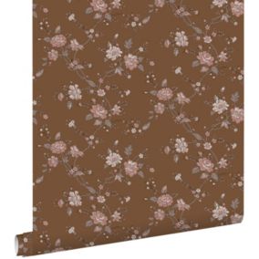 ESTAhome papier peint fleurs brun rouille et rose - 53 cm x 10,05 m - 139286