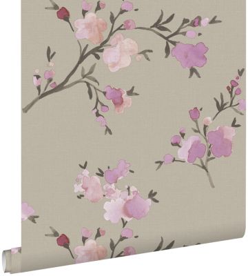 ESTAhome papier peint fleurs de cerisier taupe et violet 53 cm x 10.05 m