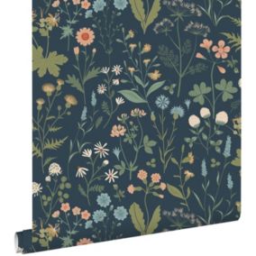 ESTAhome papier peint fleurs des champs bleu foncé, vert et rose - 0.53 x 10.05 m - 139698