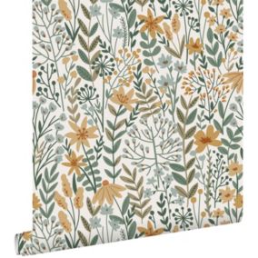 ESTAhome papier peint fleurs des champs bleu grisâtre, jaune ocre et vert - 0.53 x 10.05 m - 139838