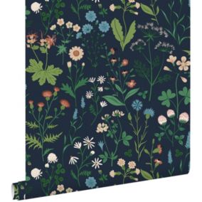 ESTAhome papier peint fleurs des champs encre bleu et vert - 0.53 x 10.05 m - 139844