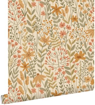 ESTAhome papier peint fleurs des champs orange et vert grisé - 0.53 x 10.05 m - 139791