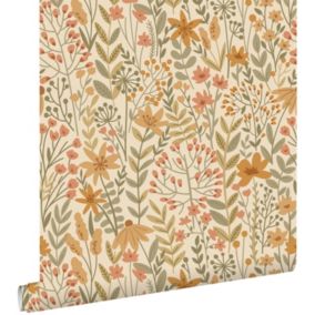 ESTAhome papier peint fleurs des champs orange et vert grisé - 0.53 x 10.05 m - 139791