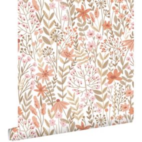 ESTAhome papier peint fleurs des champs rose terracotta et vert grisé - 0.53 x 10.05 m - 139670