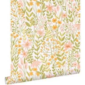 ESTAhome papier peint fleurs des champs vert clair, rose et orange - 50 x 900 cm - 130956