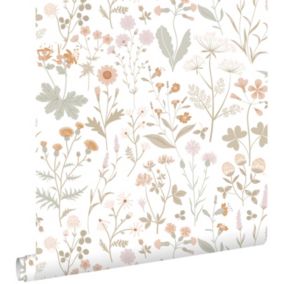 ESTAhome papier peint fleurs des champs vert et rose terracotta - 53 cm x 10,05 m - 139514